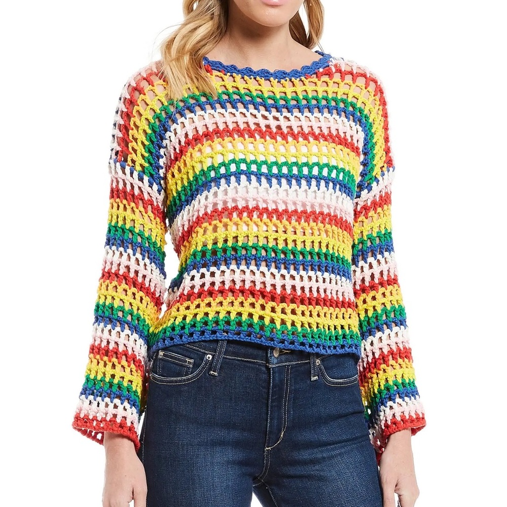 Sugarlips Rainbow Crochet Sweater women sz XS Rainbow oversized cropped
